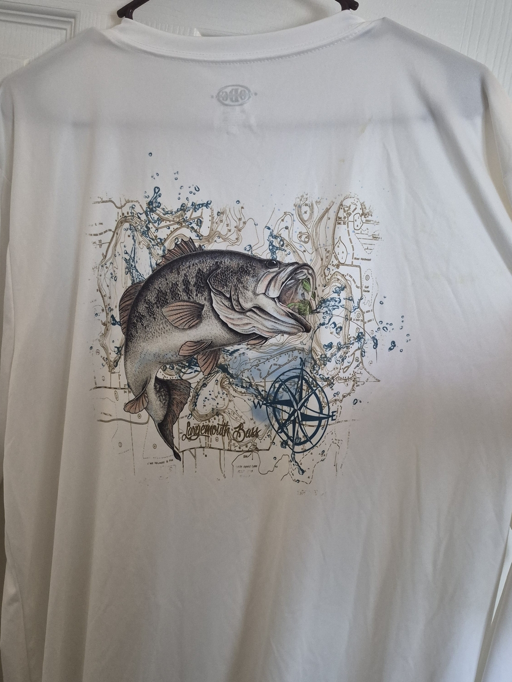 White Long Sleeve Fishing Graphic Tee - Largemouth Bass Design